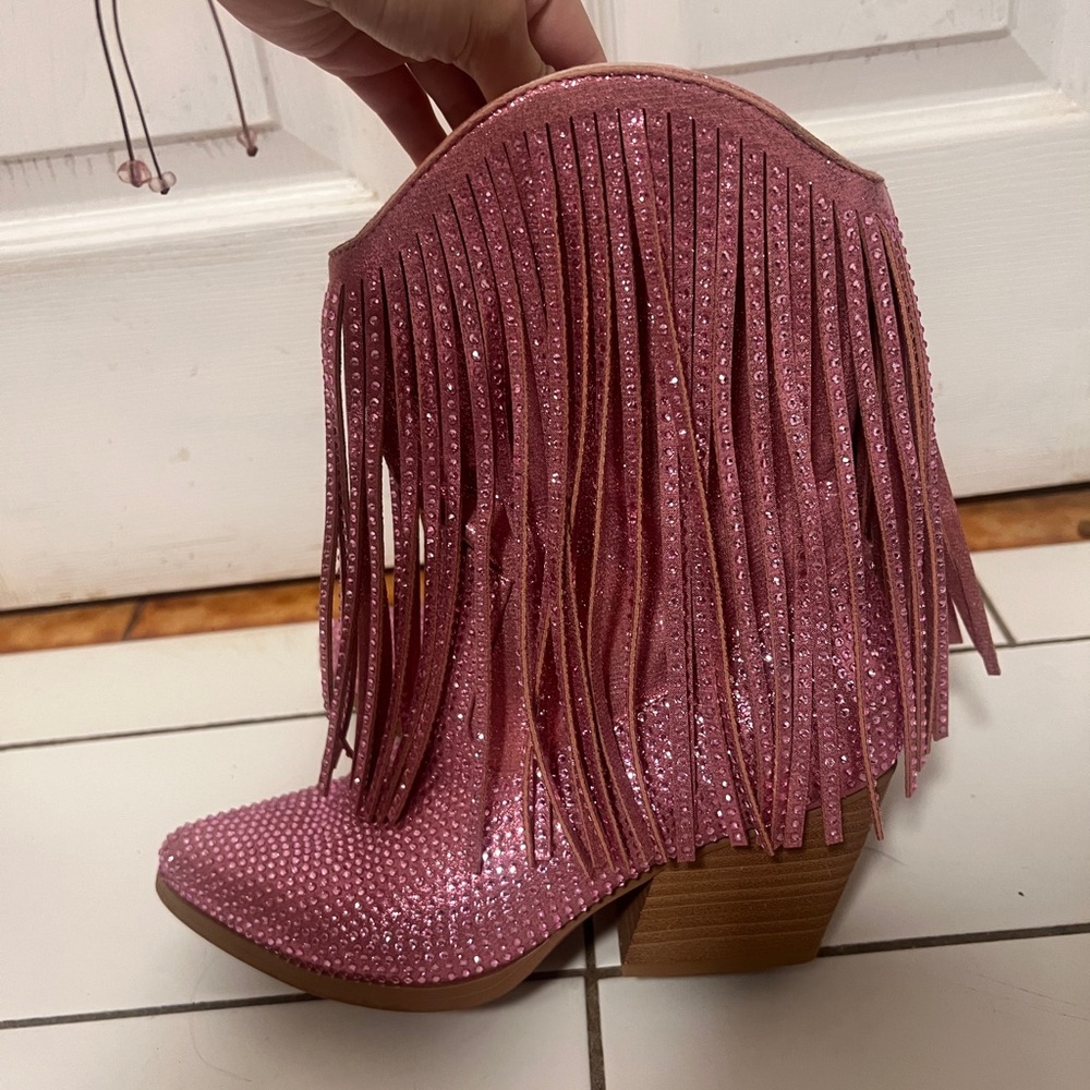 Soda Pink Rhinestone Fringe Western Booties